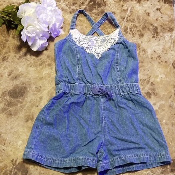 Size 3T light Jean Romper with white lace - Picture 1 of 7